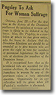 article titled “Pugsley To Ask For Woman Suffrage” from Manitoba Free Press, January 28, 1916